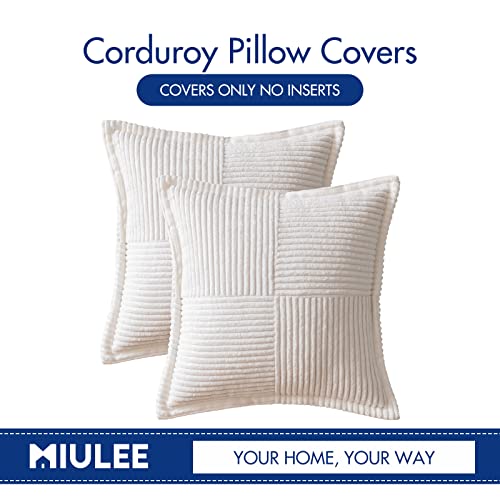 Image of MIULEE Decorative Throw Pillow Covers for Couch Bed Livingroom 18x18 Inch Set of 2 White Boho Accent Throw Pllows Broadside Striped Patchwork Soft Corduroy Pillowcases
