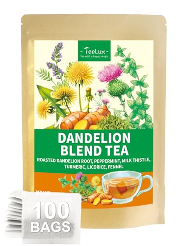 Image of TeeLux Dandelion Herbal Tea, Roasted Dandelion Root with Peppermint, Milk Thistle, Turmeric, Licorice, Roasted Aroma, Smooth & Refreshing, 100 Count