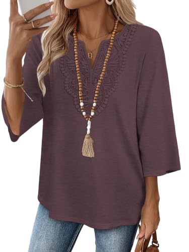 Image of WIHOLL 3 /4 Length Sleeve Womens Tops Boho V Neck Lace Shirt Trendy Blouses Dressy Casual Vacation Clothes S-3XL