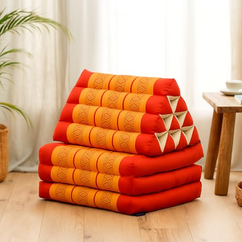Image of Leewadee 3-Fold Mat with Triangle Cushion - Comfortable TV Pillow, Foldable Mattress with Cushion Made of Eco-Friendly Kapok, 67 x 21 inches, Orange red
