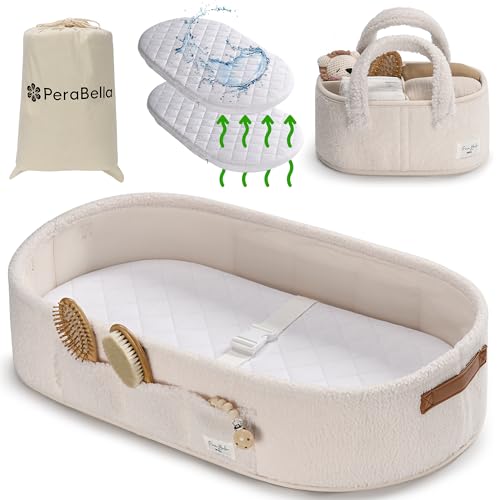 Image of PeraBella Baby Changing Basket for Dresser Top, Baby Moses Basket for Newborn, Portable Diaper Changing Pad Table Topper for Dresser, Includes Diaper Caddy Organizer with Handle, Moses Bassinet Mat