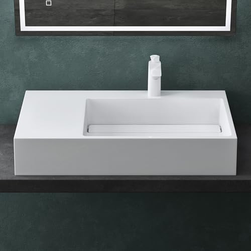 Mai & Mai Lavabo sobre Encimera Lavabo Derecho Suspendido Baño | Rectangular | Blanco Brillante | Mármol Fundido | 75x43x14cm | 1 Orificio para Grifo sin Rebosadero | Colossum12