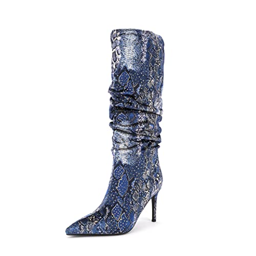 Zamikoo Snakeskin Boots For Women, Slouchy Knee High Boots Pointed Toe Stiletto High Heel Boots Stretch Pull On Slouch Boots 3.5 Inches Us Size 9.5 #TOP1