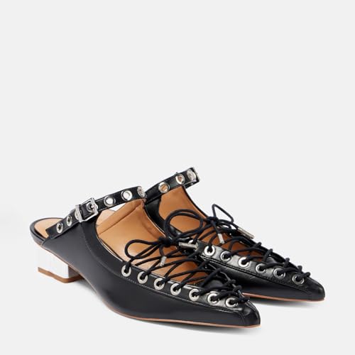 Women's Rhinestone Slingback Pumps - Embellished Lace-Up Pointed Toe Block Low Heel Mules with Strap Buckle, Dress Work Casual Punk Shoes4