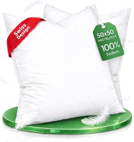 Welldora Federkissen 1 Stück 50x50, Kopfkissen & Sofa, 100% Federn, medium | Kopfkissen Bett & Sofa | Besonders feine Federn | Formbar & stützend | Schadstoffgeprüft & RDS-zertifiz