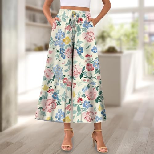 MARSVOVO Summer Flowy Capri Pants for Women Elastic Drawstring High-Waisted Wide-Leg Trousers Palazzo Pants2