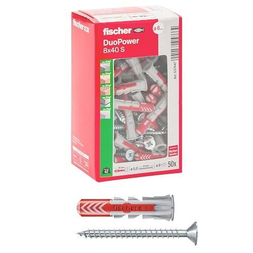 Fischer DuoPower 537647 - Tacos con tornillo (8 x 40 mm, para pared completa, ladrillo perforado, cartón yeso, 537647)