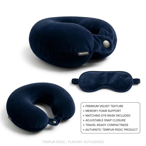 Image of Dark Blue Travel Neck Pillow with Button Closure & Eye Mask | Soft Fiber Filled U-Shape Head & Neck Support Cushion for Airplane, Car & Office Use | Button Closure (Dark Blue)
