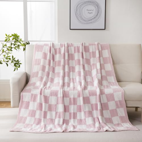 Couverture réversible plaid rose jeté de lit canapé flanelle échiquier - 5