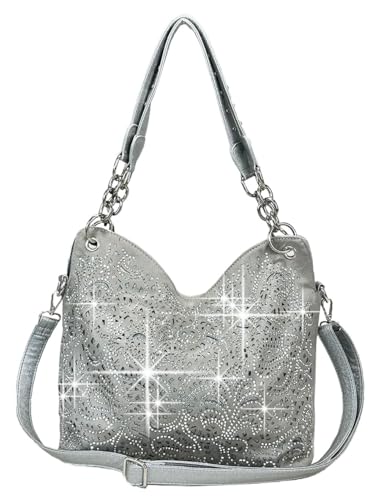 Laser Cut Rhinestone Purse Double Chain Handle Bling Purse Pewter