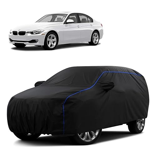 Image of Sulfar 100% Water Resistant Car Body Cover Compatible with Mirror for BMW 328i (Triple Stitched, Full Bottom Elastic, Black Tafetta with Blue Piping)