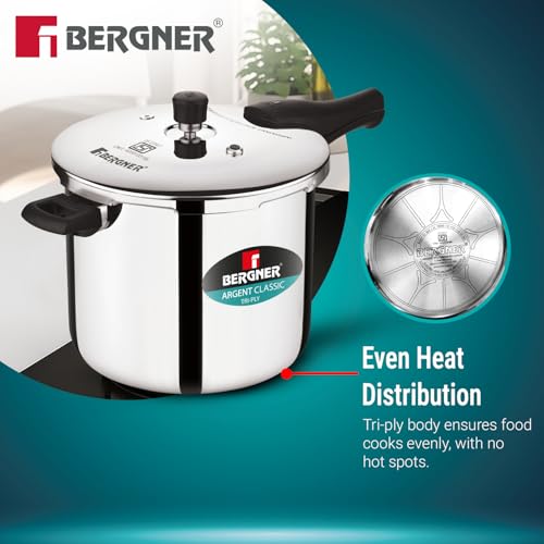 Image of Bergner Argent Classic Triply Stainless Steel Pressure Cooker 10L, Even Heat Distribution, Triply Cooker with Resettable Safety Valve, Sturdy Handle, Easy to Clean - Induction and Gas Stove Ready
