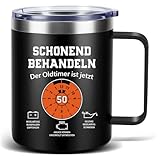 TUZELIYA Thermobecher 350ml 50 Geburtstag Geschenk Mann, Schonend behandeln der Oldtimer ist jetzt 50, Lustig Geburtstagsgeschenk für Männer Papa Kollege zum Geburtstag, Schwarz