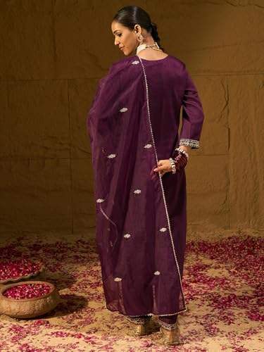 Image of INDO ERA Women's Embroidered Burgundy Silk Blend Straight Kurta & Pant with Dupatta Set (SHUTR6119)