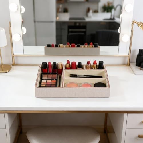Image of PU Leather Makeup Organizer Tray,Large Vanity Organizer,Cosmetic Storage Box for Lipstick Brushes Skincare Perfume,Cosmetic Display Case Rose Gold-trimmed for Dresser,Bathroom Countertop(Beige)