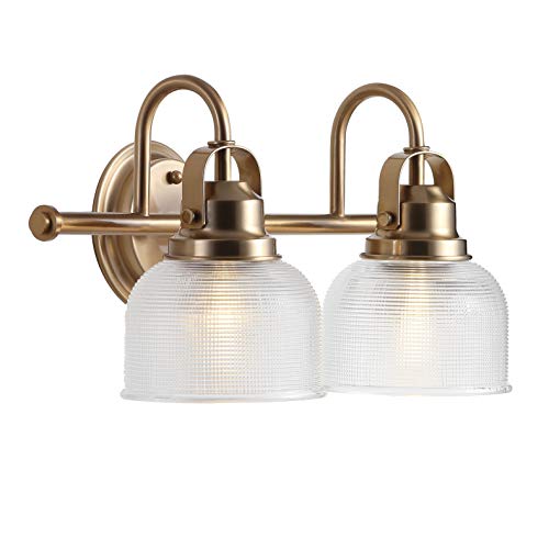 JONATHAN Y 17.25" Brass Gold Modern Bathroom Vanity Light, 2-Light LED Wall Sconce, Clear Glass Bell Shade for Mirror Hallway Kitchen, ETL Listed, LED Bulb Included (JYL7408B)