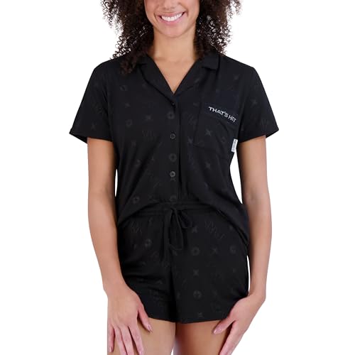 Paris Hilton Women's Short Sleeve Notch Collar and Drawstring Shorts Shiny Foil PARIS Pajama Set, Black PARIS, S