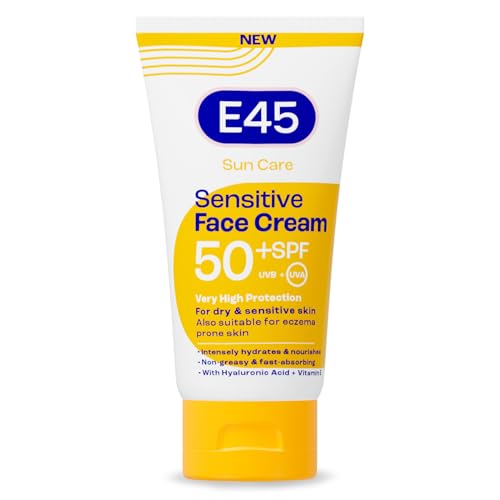E45 SPF50+ Sensitive Sun Cream for Face with Hyaluronic Acid - UVA and UVB Protection - Fragrance-Free and Dermatologically Tested Sunscreen - Suitable For Dry Sensitive and Eczema Prone Skin (50ml)