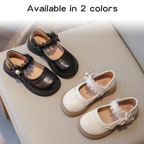 SEAUR Girls Lace Bow Flats Solid Pearl PU Leather British Style Flats Princess Casual Performance Shoes 6-102