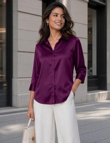 Image of Zeagoo Womens Satin Blouses Button Down Shirts 3 /4 Sleeve Dressy Tops S-2XL