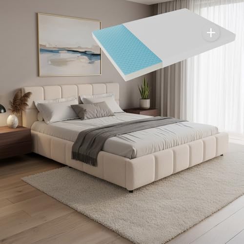 Juskys Polsterbett Florenz 180 x 200 cm mit Matratze – Bouclé, modernes Bett mit Kopf- & Fußteil, stabilem Holz- & Metallrahmen, Lattenrost, 500 kg Tragkraft – Creme
