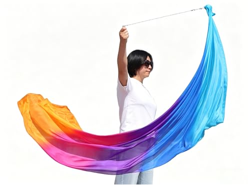 Winged Sirenny Single Piece 70" Play Silk Scarf with Poi Ball, Colorful Silk Flag Ribbon Streamer, Belly Dance Practice VOI (Iridescence)