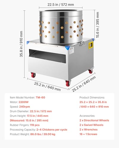 Image of VEVOR Chicken Plucker Machine, 23.6 in Drum, 2200W & 240RPM Electric Chicken Plucking Machine with 119 Soft Fingers & Transport Wheels, Stainless Steel Feather Remover for Processing 2-4 Chicks Once