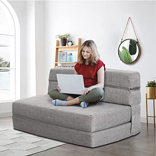 Anoner 60" Folding Sleeper Chair Sofa Bed Lazy Couch With 2 Pillows, Queen Size Memory Foam Washable Cover, Light Gray #TOP1