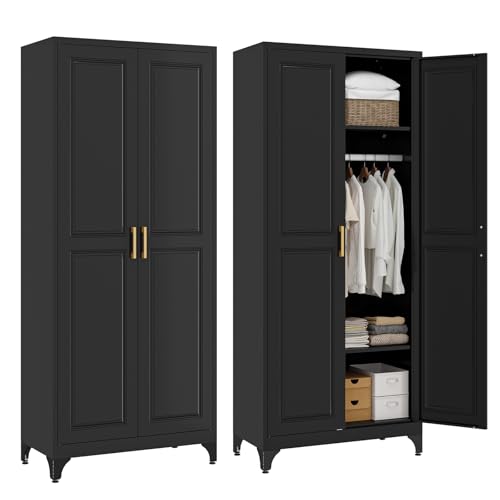 Metal Wardrobe Cabinet with Hanging Rod, 71" Tall Armoire Wardrobe Closet with 2 Doors and Adjustable Shelves, Black Clothing Storage Cabinets for Bedroom, Laundry Room, Cloak Room Black 71"