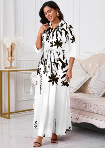 Image of Rumwind Maxi Dresses for Women, 3 /4 Sleeve Shirt Collar Casual Afircan Print Church Dress Button Down with Belt and Pockets