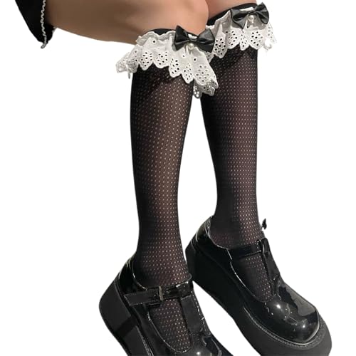 Women Kawaii Knee High Tights Lolita Sweet Cute Frill Lace Eyelet Trim Stockings Coquettecore Bow Dec Socks