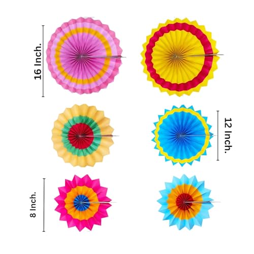 Image of 6 Pcs Multicolor Hanging Fiesta Paper Fans for Birthday Decoration Party Decoration Diwali Wedding (Pack of 6)