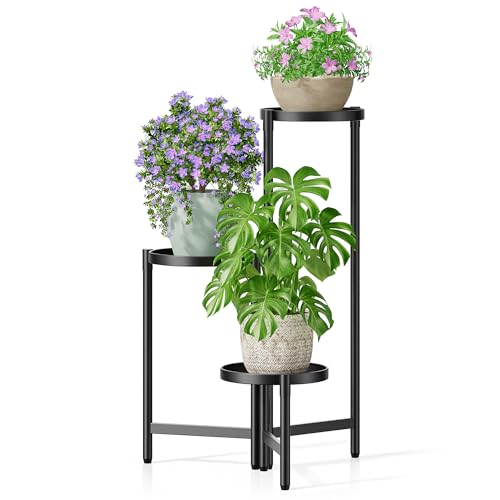 NQW 3 Tier Large Plant Stand Indoor with 7.9 Inch Wide Tray Tiered Corner Metal Outdoor Flower Holder Stand Folding Tall Rack for Display Shelf for Patio Porch Balcony - BlackDisk