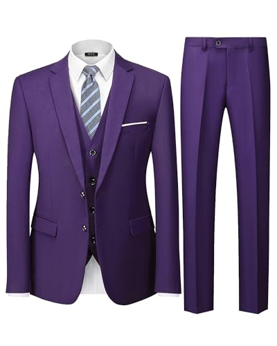 MY'S Men's Slim Fit 3 Pieces Suit, Two Buttons Solid Jacket Pants Set with Tie for Wedding Party Business Prom