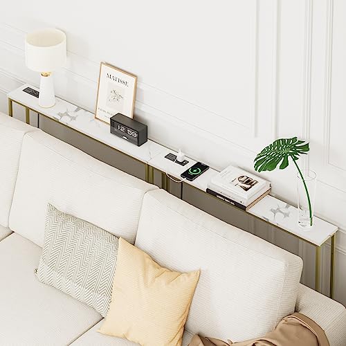 Image of Masupu 5.9 inch Skinny Console Table with Power Outlet,Modern Narrow Sofa Table Behind Couch,Skinny Entry Table with Gold Metal Frame for Entryway,Living Room, Hallway,Marble White