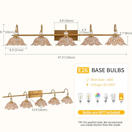 Image of Vintage Bathroom Vanity Light, 5-Light Matte Brass Finish Vanity Light with Floral Amber Glass Shades, Retro Wall Mount Lighting for Bathroom, Living Room