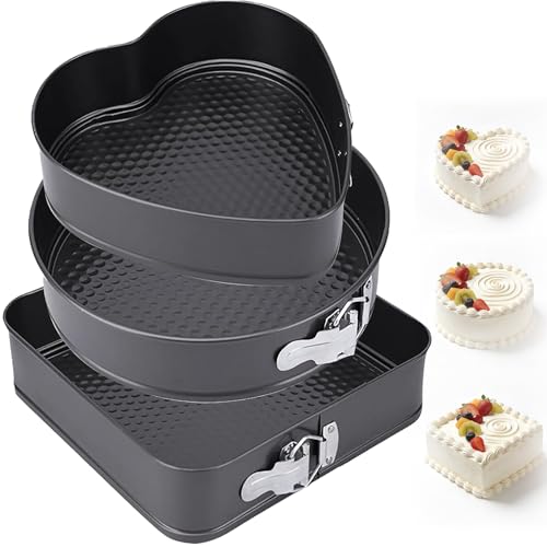 YiZhou Springform Cake Tin Set of 3 Non-Stick Cheesecake Pan with Removable Bottom - 20cm Heart 22cm Round 24cm Square Baking Tins for Cake Bread Pizza Loose Base Baking Tray