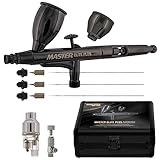 Master Elite Plus Ultimate Airbrush Set, Model 120 - Elite Level Spray Performance Dual-Action Gravity Feed Airbrush Kit with 3 Tips 0.2, 0.3 and 0.5 mm, 2 Cups, Filter, Case - Auto Art Cake Hobby