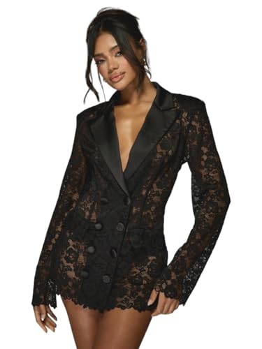 Women 2025 Summer Dress Lapel Collar Lace Double Breasted Blazer Mini Dress