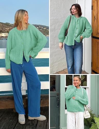 Image of Women's Casual Puff Long Sleeve Crew Neck Cardigan Button Down Open Front Knit Loose Sweater Outwear