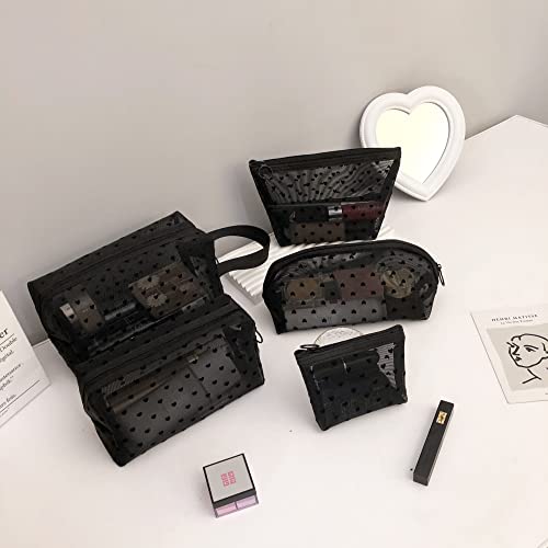KKBGN 5 Pieces Heart Mesh Makeup Bags Set, Portable Travel Toiletry Bag Travel Makeup Organizer Bag Cosmetic Bags for Women Girls, Small Items Storage Organizer for Home Office Travel (Black) - Image 6