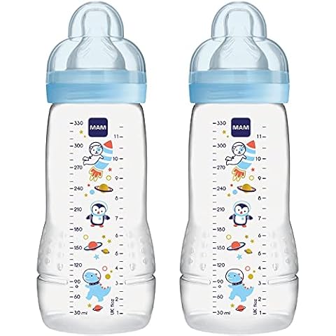 MAM Easy Active Baby Bottle with Fast Flow MAM Teats Size 3, Twin Pack of Baby Bottles, Baby Feeding, 330 ml, Blue (Designs May Vary) Cover