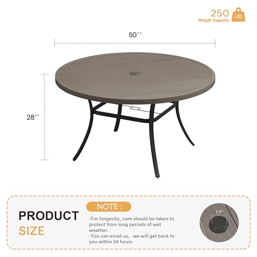 Image of VICLLAX 50 inch Outdoor Round Patio Table with Umbrella Hole, All Weather Metal Round Outdoor Dining Table for Lawn Garden, 6-8 Person Table, Grey Wood Grain
