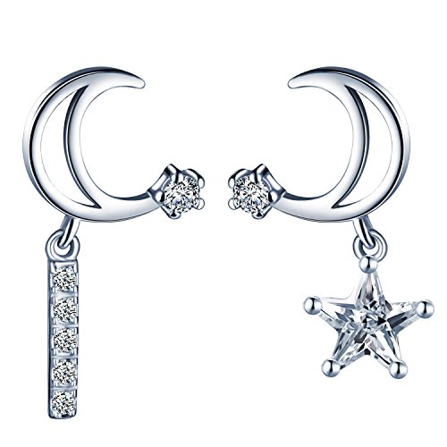 Yumilok - Yumilok 925 Sterling Silber Zirkonia Stern Mond Stab Asymmetrische Ohrstecker Ohrringe Hypoallergen Ohrschmuck für Damen Mädchen