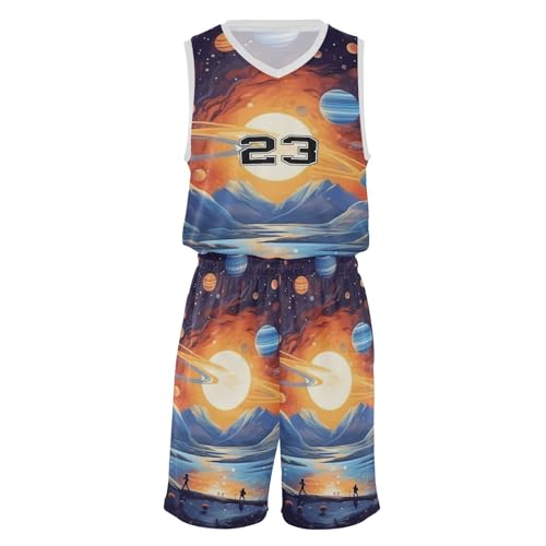 FLildon Space Planet Galaxy Boys Basketball Jersey Set Tank Top Shorts Tracksuit Sport Training Suit for Kids, M