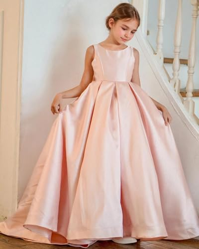 Crewneck Satin Flower Girl Dress Bow Knot A Line Formal Evening Pageant Dresses2