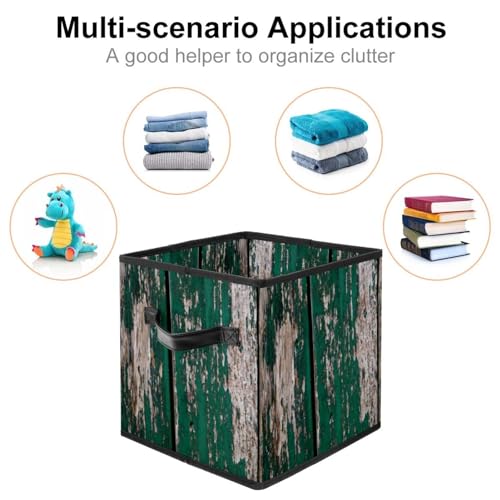 Cube de rangement vert sarcelle imprimé bois rustique avec poignées