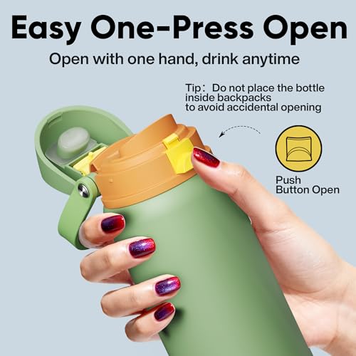 Image of Insulated Water Bottle with Straw - Encool Stainless Steel Water Bottle with Push Button Lid, Leak-Proof & BPA-Free, Keeps Cold for 24 Hours for Sports, Travel, Gym (32 oz, Lichen-Yellow)