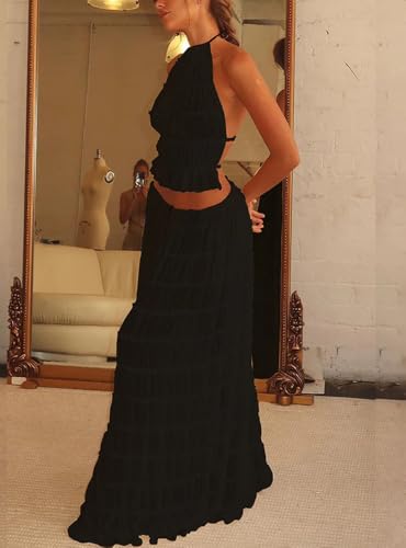 Two Piece Maxi Skirt Sets for Women Summer Beach Sleeveless Cropped Ruffle Long Skirt Matching Set Boho 2 Piece Outfits2