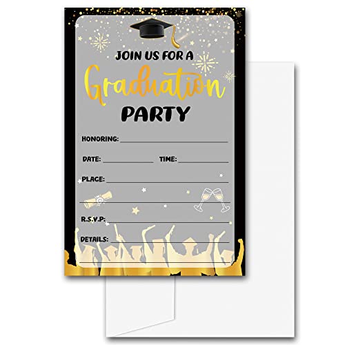 Graduation Party Invitations with Envelopes - Graduation Announcement Cards for High School/College - Graduation Party Decorations 2024 - Gold & Black Grad Celebration Party Supplies - 25 Pack(A05)